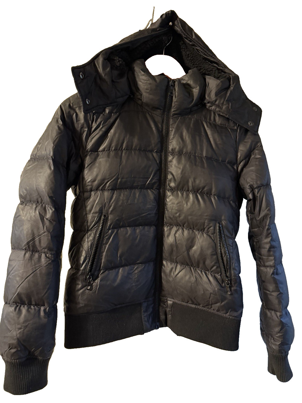 Uniqlo black removable hooded Bomber puffer down lightweight Jacket Coat XS